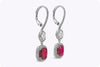 4.15 Carat Cushion Cut Ruby and Diamond Halo Dangle Earrings in White Gold