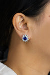 4.43 Carats Cushion Cut Blue Sapphire Halo Omega Clip Studs Earrings in White Gold