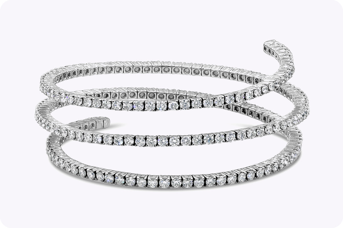 10.83 Carat Total Round Diamond Three-Row Spiral Bangle Bracelet in White  Gold