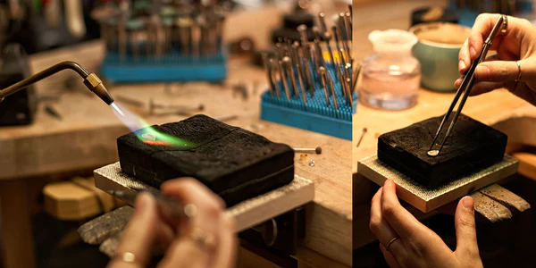 A man creating a jewelry in a jewelry shop.