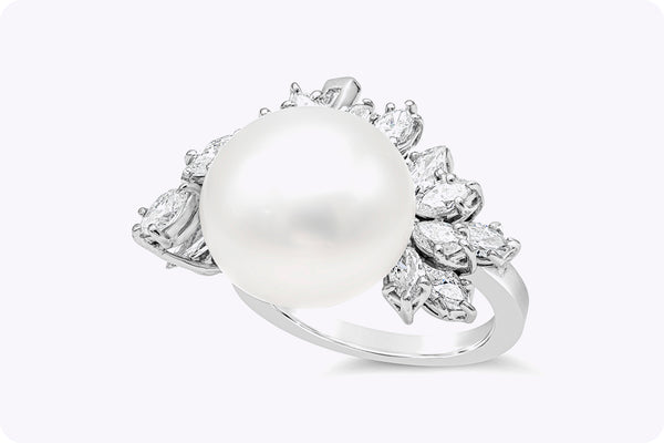 2.37 Carats Total Diamond Cluster & White Pearl Cocktail Ring in White Gold