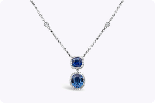 4.07 Carats Total Blue Sapphire & Diamond Halo Pendant Necklace in White Gold