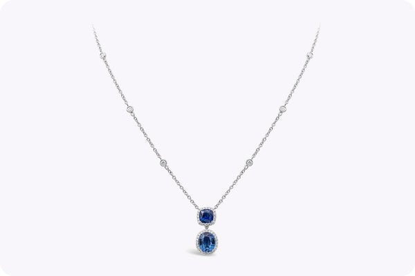 4.07 Carats Total Blue Sapphire & Diamond Halo Pendant Necklace in White Gold