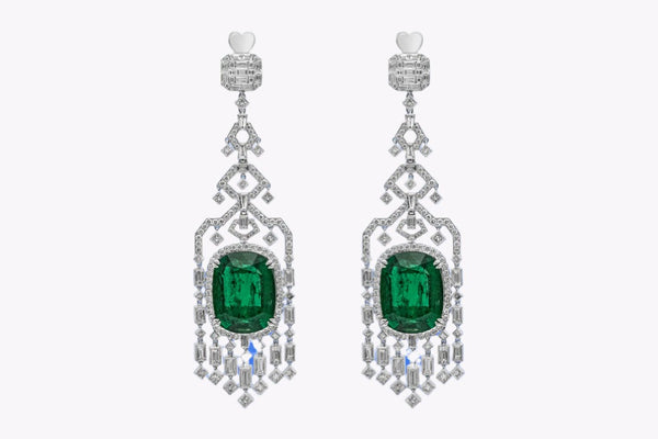 45.76 Carats Total Green Emerald & Mixed-Cut Diamond Chandelier Earrings in White Gold