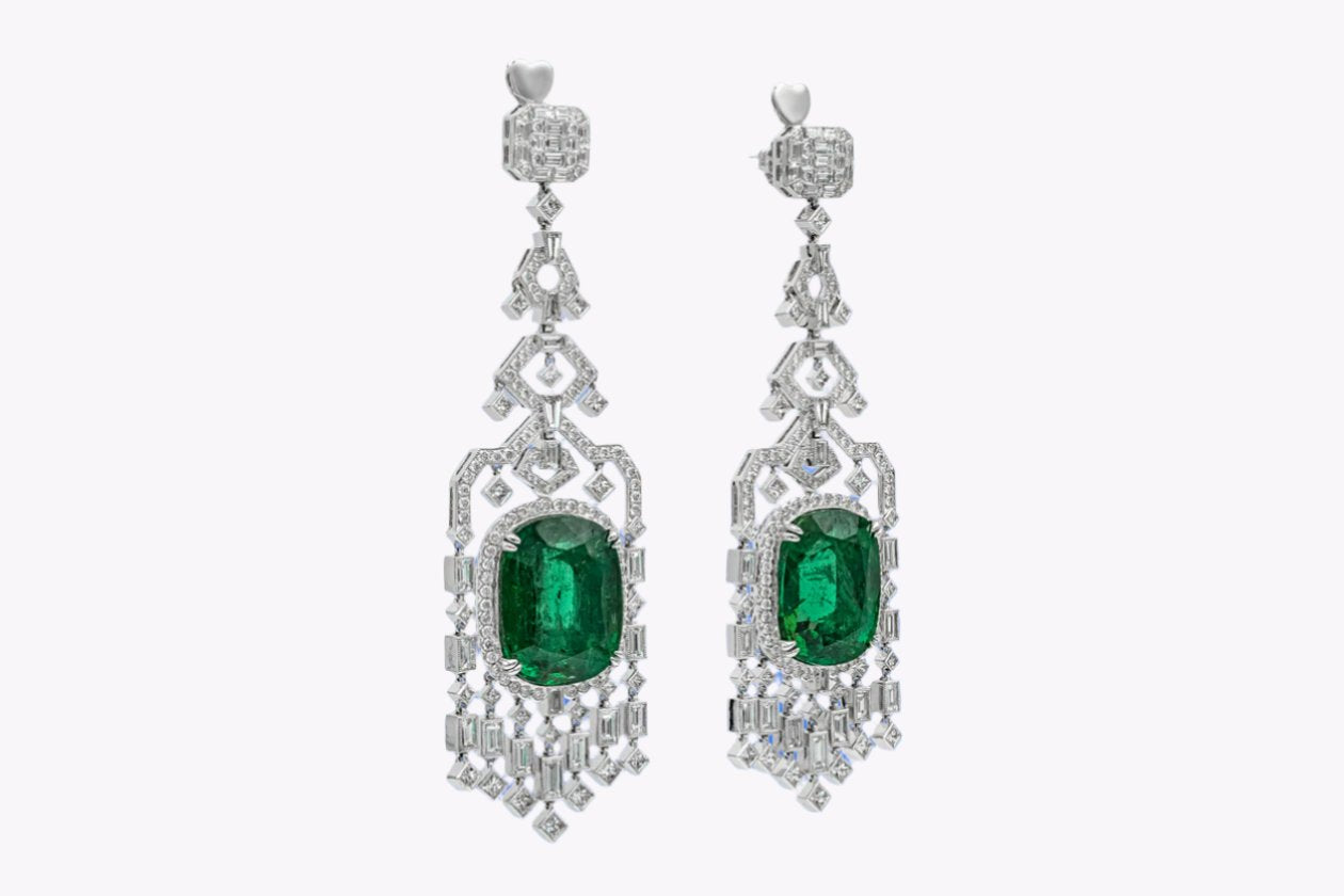 45.76 Carats Total Green Emerald & Mixed-Cut Diamond Chandelier Earrings in White Gold