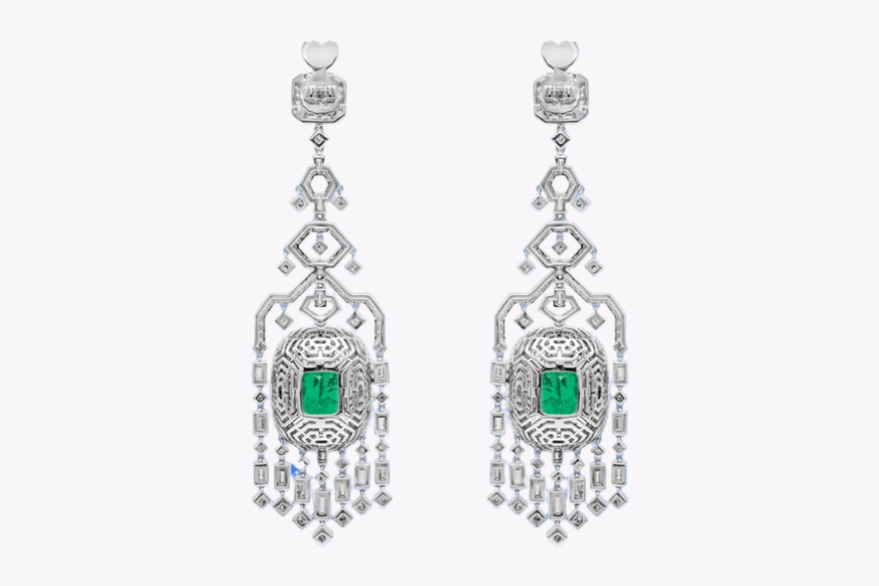 45.76 Carats Total Green Emerald & Mixed-Cut Diamond Chandelier Earrings in White Gold