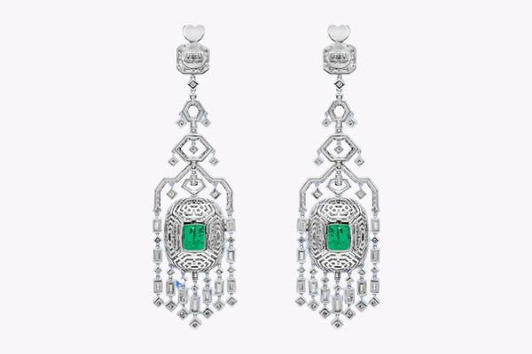 45.76 Carats Total Green Emerald & Mixed-Cut Diamond Chandelier Earrings in White Gold