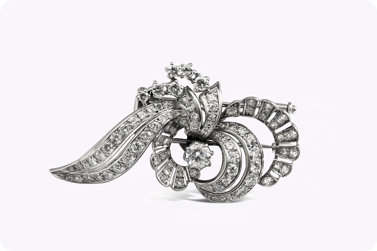 4.07 Carat Total Round Diamond Antique Style Brooch