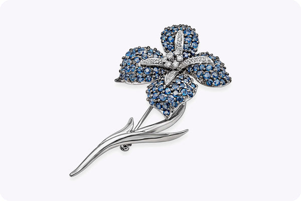 5.54 Carat Blue Sapphire and Diamond Flower Brooch