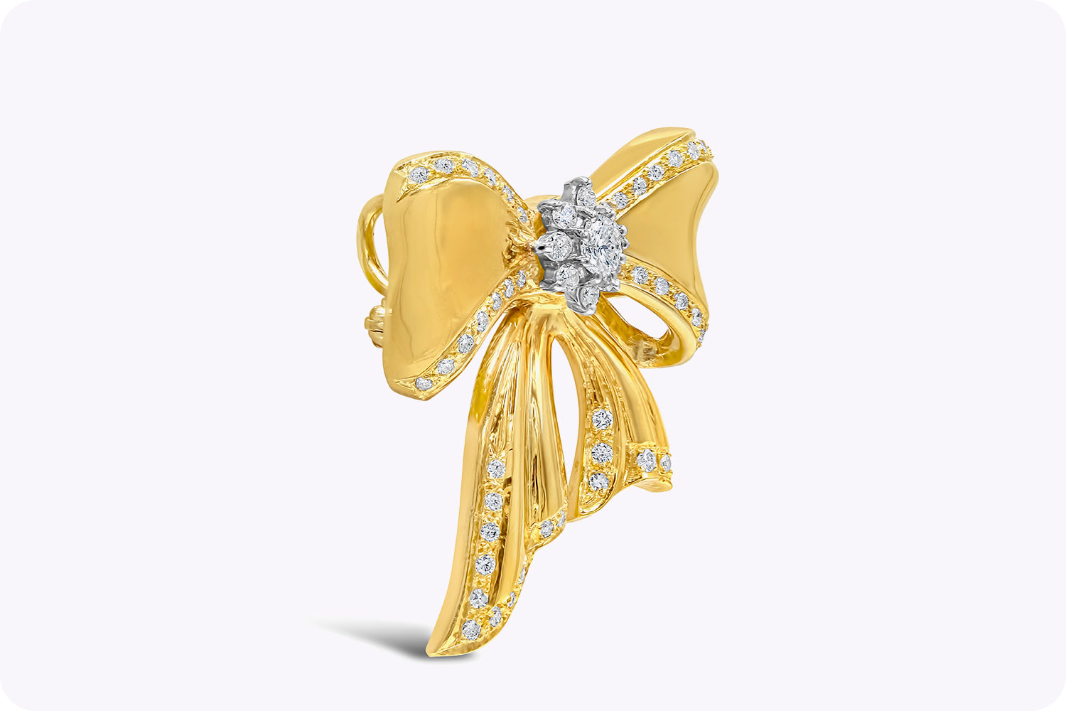 1.01 Carats Total Brilliant Round Diamond Ribbon Bow Tie Brooch in Yellow Gold