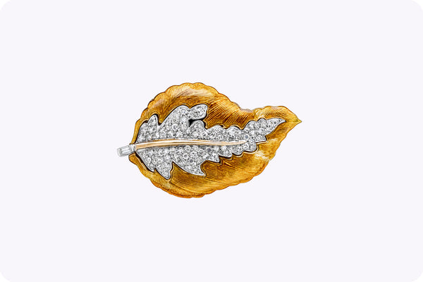 0.85 Carats Total Round Diamond, Yellowish and Orange Enamel Leaf Design Brooch in Yellow Gold and Platinum