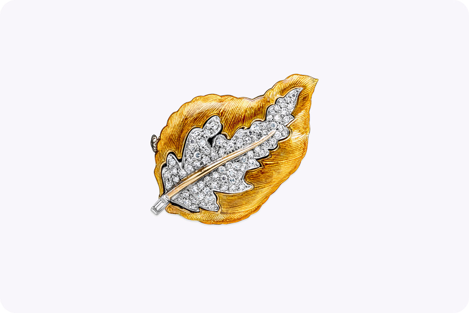 0.85 Carats Total Round Diamond, Yellowish and Orange Enamel Leaf Design Brooch in Yellow Gold and Platinum