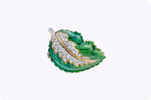 0.50 Carats Total Round Diamond and Green Enamel Leaf Design Brooch in Yellow Gold and Platinum