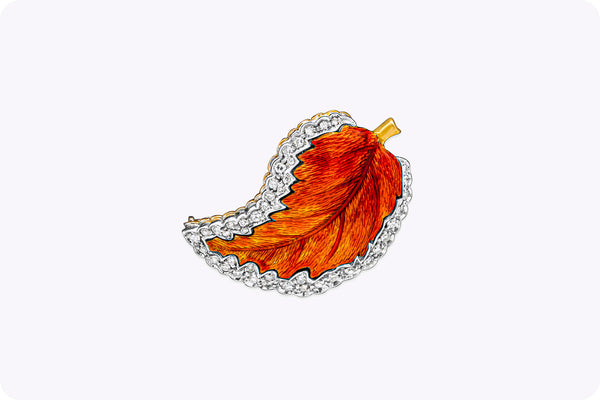 0.60 Carats Total Round Diamond and Red Enamel Leaf Design Vintage Brooch in Yellow Gold and Platinum