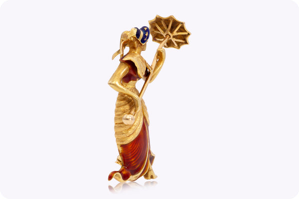 Antique Lady With An Umbrella Enamel Brooch in Yellow Gold