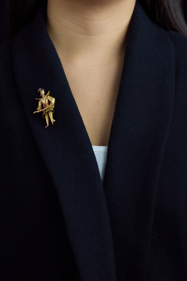 Antique Man With A Sword Enamel Brooch in Yellow Gold