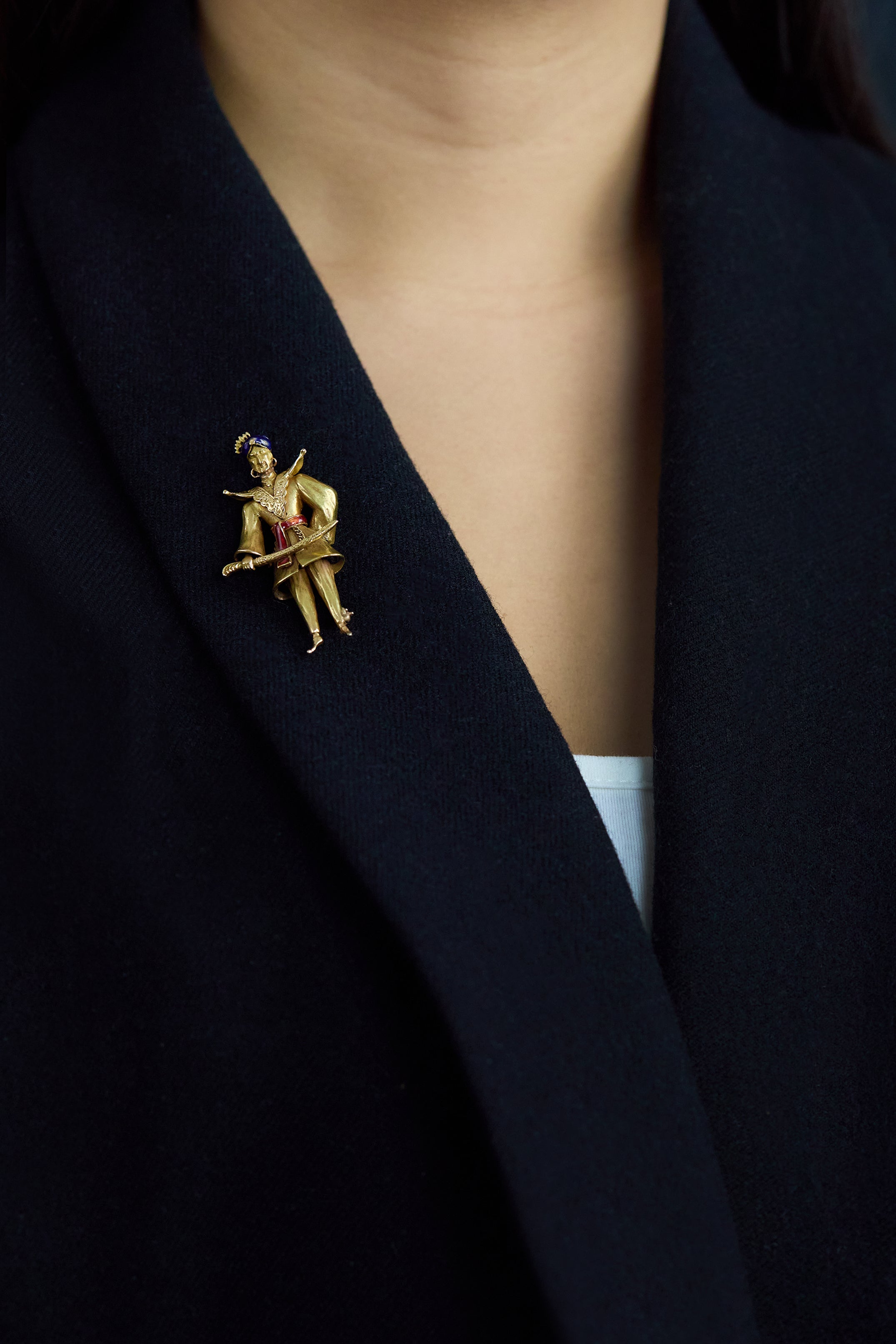 Antique Man With A Sword Enamel Brooch in Yellow Gold