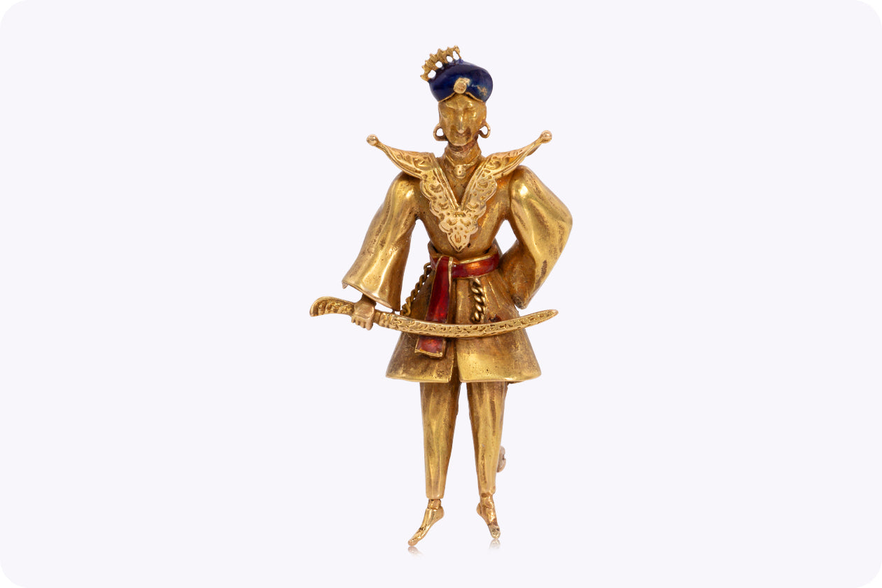 Antique Man With A Sword Enamel Brooch in Yellow Gold