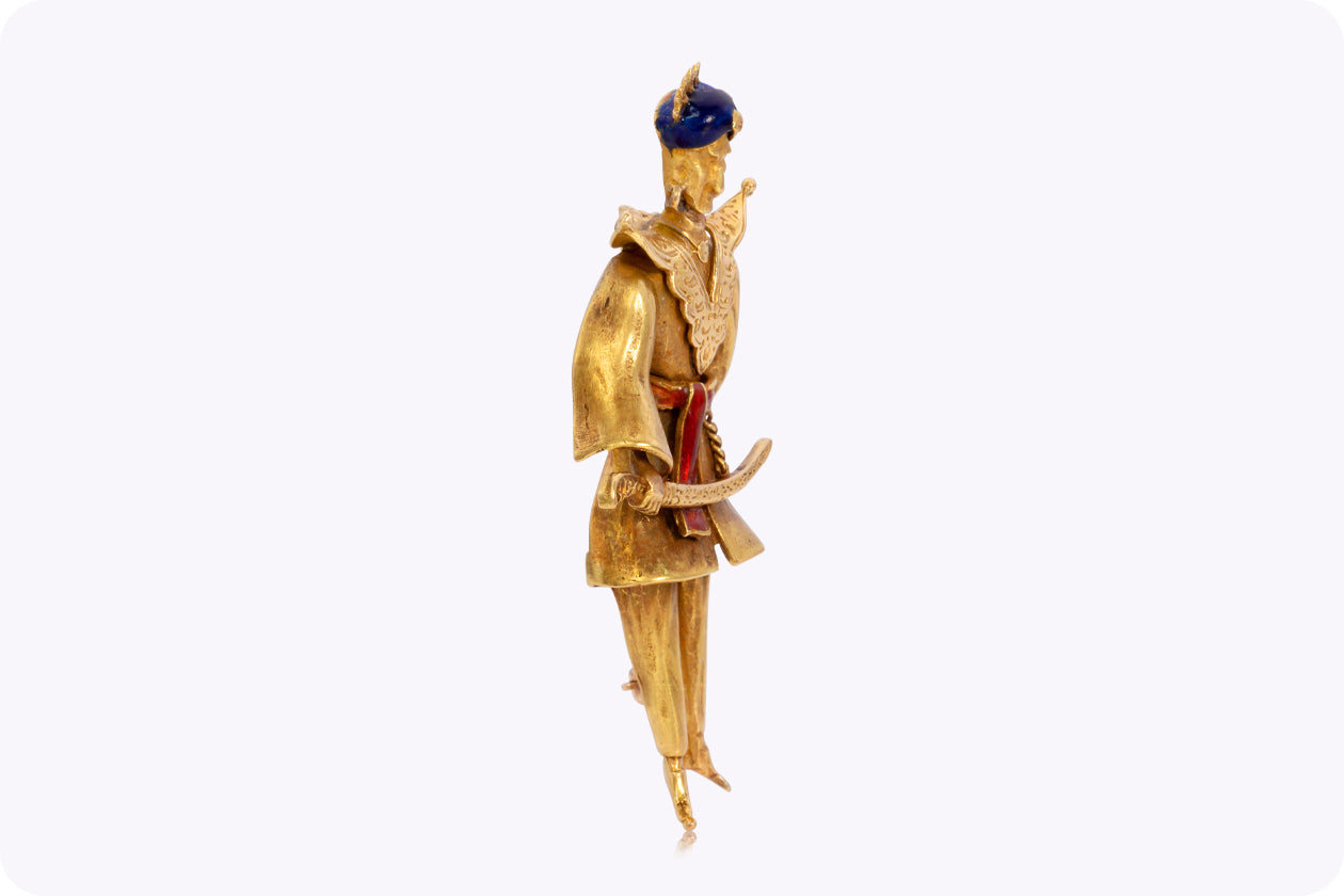 Antique Man With A Sword Enamel Brooch in Yellow Gold