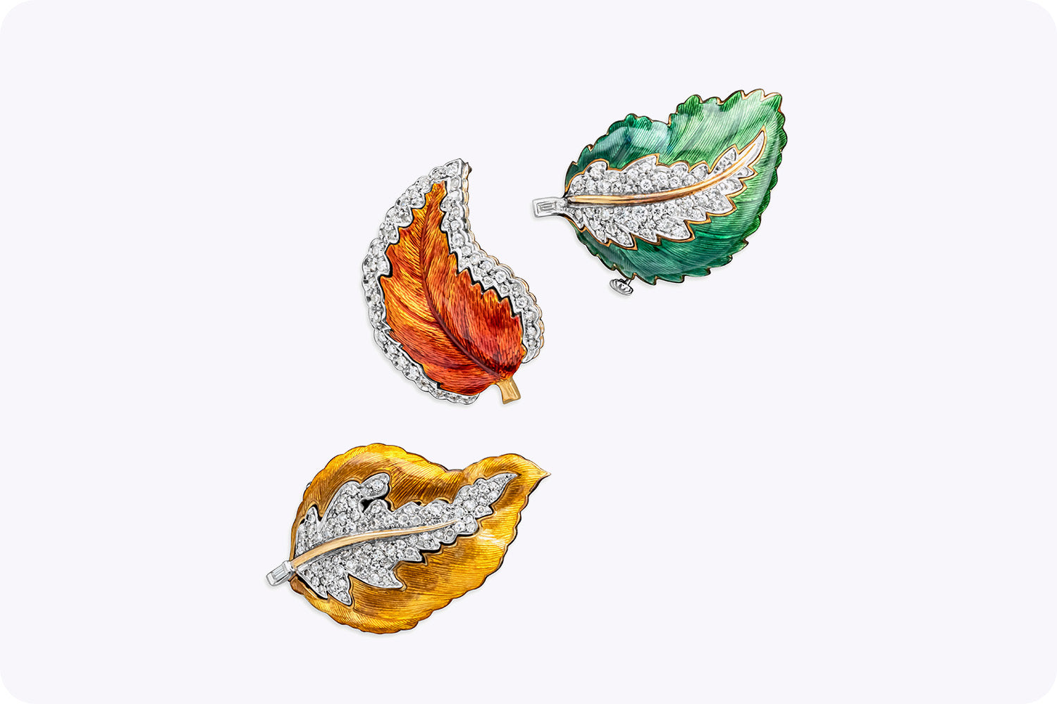 0.85 Carats Total Round Diamond, Yellowish and Orange Enamel Leaf Design Brooch in Yellow Gold and Platinum