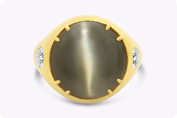 Very Rare 28.30 Carats Cabochon Cat's Eye Chrysoberyl Diamond Cocktail Ring in Yellow Gold