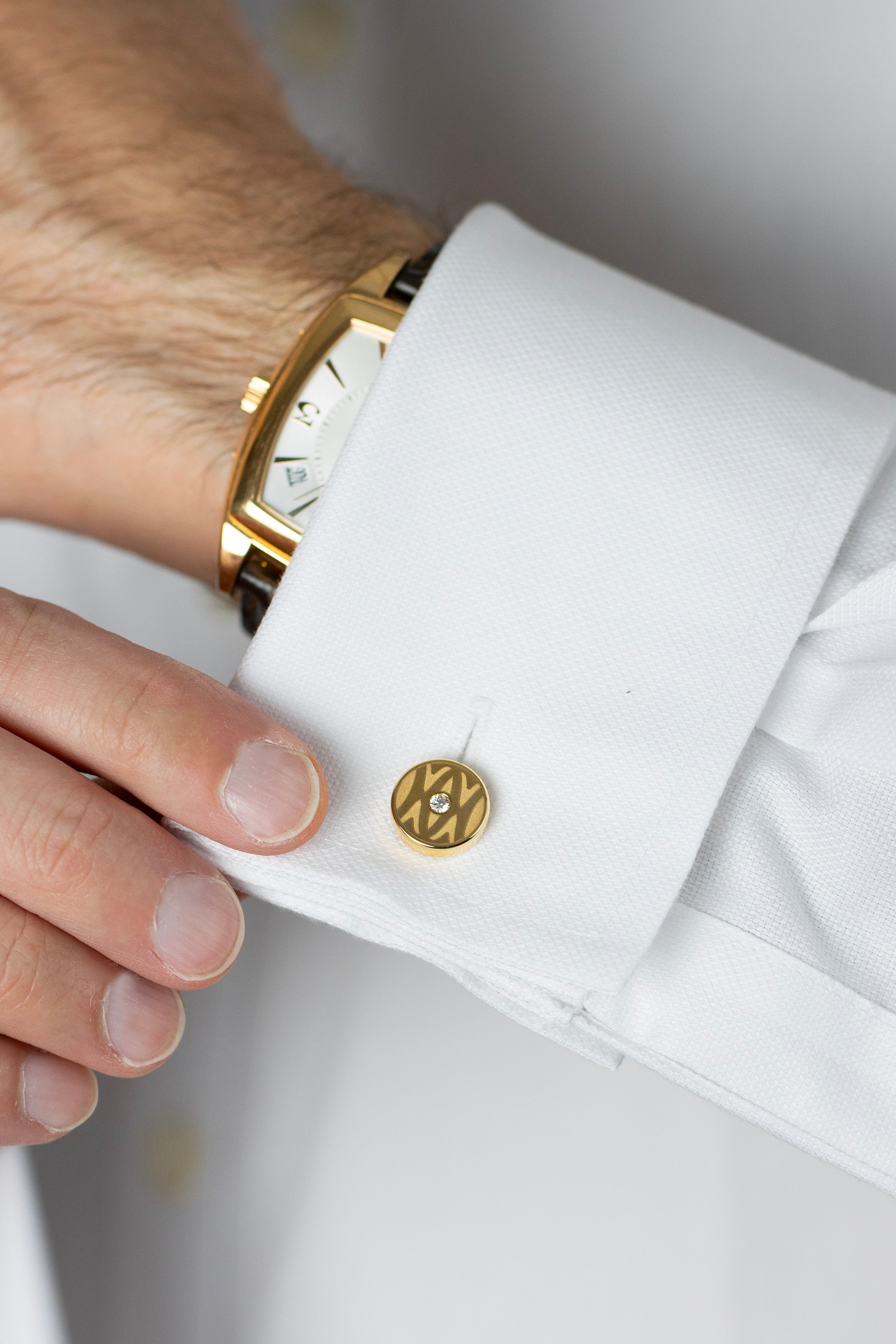 Cartier Brushed Yellow Gold Round Diamond Signed Cufflinks