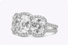 GIA Certified 1.71 Carats Total Cushion Cut Diamond Three-Stone Halo Engagement Ring in Platinum