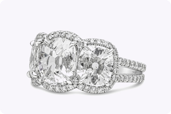 GIA Certified 1.71 Carats Cushion Cut Diamond Three-Stone Halo Engagement Ring in Platinum