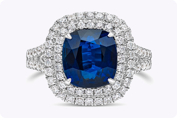 5.05 Carats Cushion Cut Blue Sri Lankan Sapphire & Diamond Halo Engagement Ring in White Gold