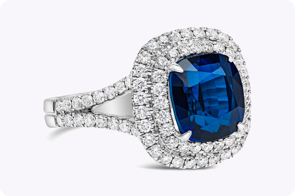 5.05 Carats Cushion Cut Blue Sri Lankan Sapphire & Diamond Halo Engagement Ring in White Gold