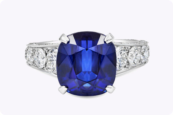 7.66 Carats Cushion Cut Sri Lankan Sapphire & Diamond Engagement Ring in White Gold