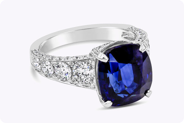 7.66 Carats Cushion Cut Sri Lankan Sapphire & Diamond Engagement Ring in White Gold