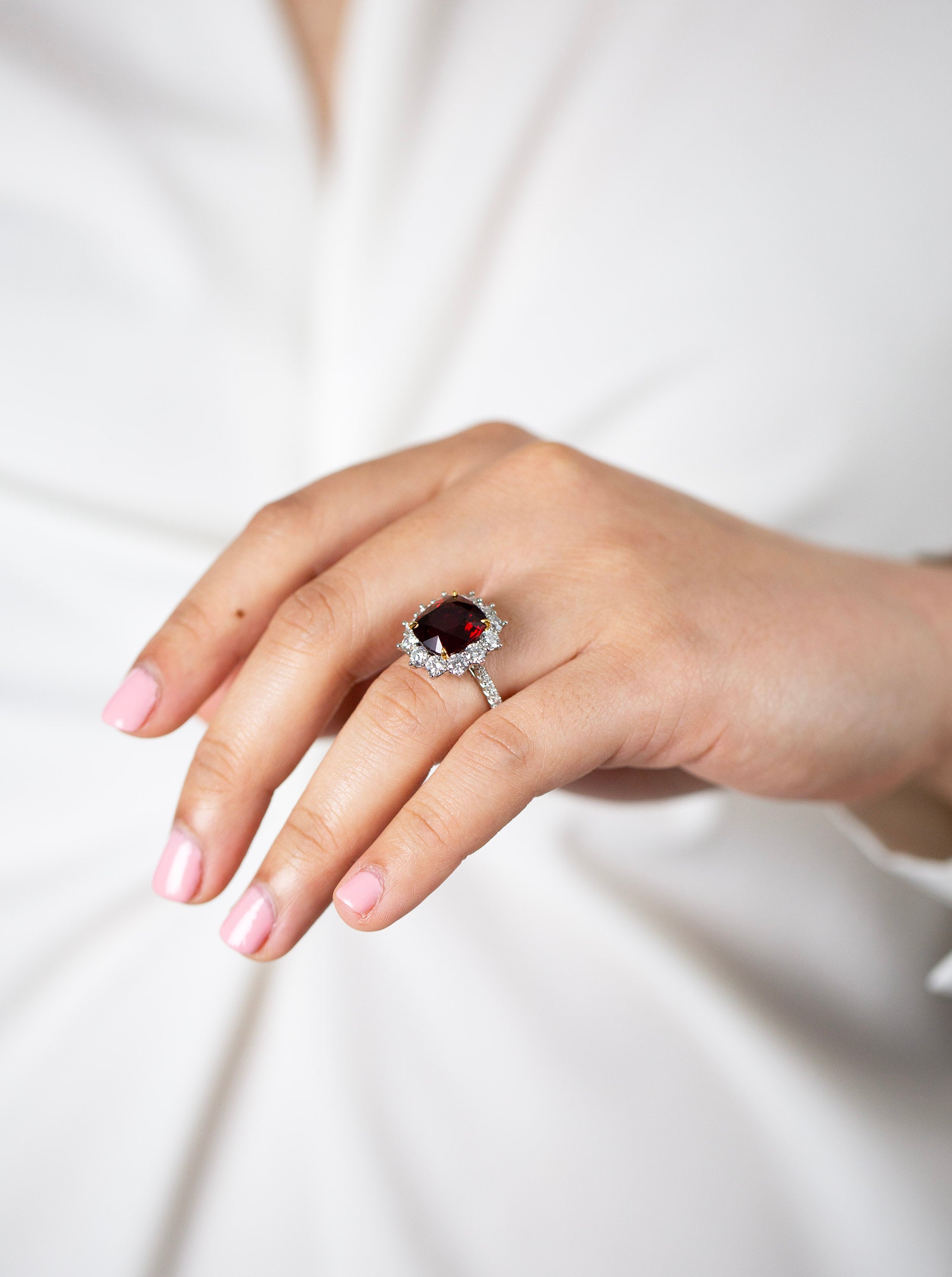 6.92 Carat Cushion Cut Red Spinel & Diamond Halo Cocktail Ring in Platinum