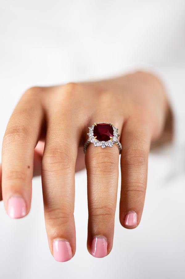 6.92 Carat Cushion Cut Red Spinel & Diamond Halo Cocktail Ring in Platinum