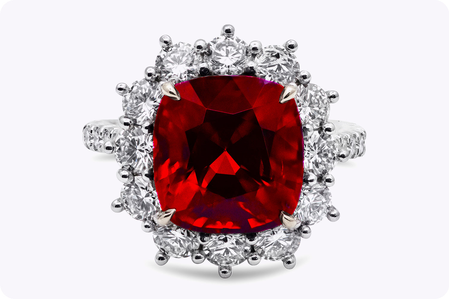 6.92 Carat Cushion Cut Red Spinel & Diamond Halo Cocktail Ring in Platinum