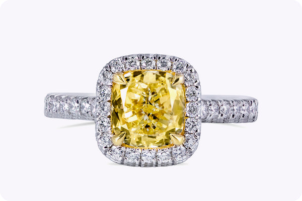 GIA Certified 2.01 Carats Yellow Diamond Halo Engagement Ring in Yellow Gold & Platinum