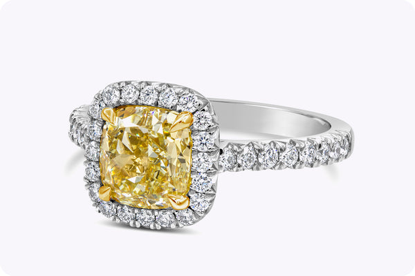 GIA Certified 2.01 Carats Yellow Diamond Halo Engagement Ring in Yellow Gold & Platinum