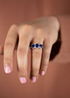 3.25 Carats Cushion Cut Blue Sapphire & Diamond Three-Stone Halo Engagement Ring in White Gold