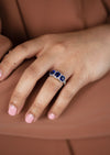 3.25 Carats Cushion Cut Blue Sapphire & Diamond Three-Stone Halo Engagement Ring in White Gold