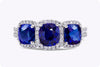 3.25 Carats Cushion Cut Blue Sapphire & Diamond Three-Stone Halo Engagement Ring in White Gold