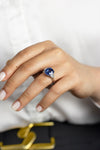 6.10 Carats Cushion Cut Blue Sapphire and Diamond Three Stone Engagement Ring in Platinum