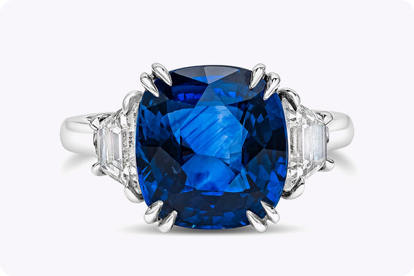 6.10 Carats Cushion Cut Blue Sapphire & Diamond Three-Stone Engagement Ring in Platinum