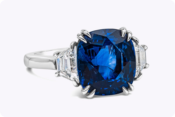 6.10 Carats Cushion Cut Blue Sapphire & Diamond Three-Stone Engagement Ring in Platinum