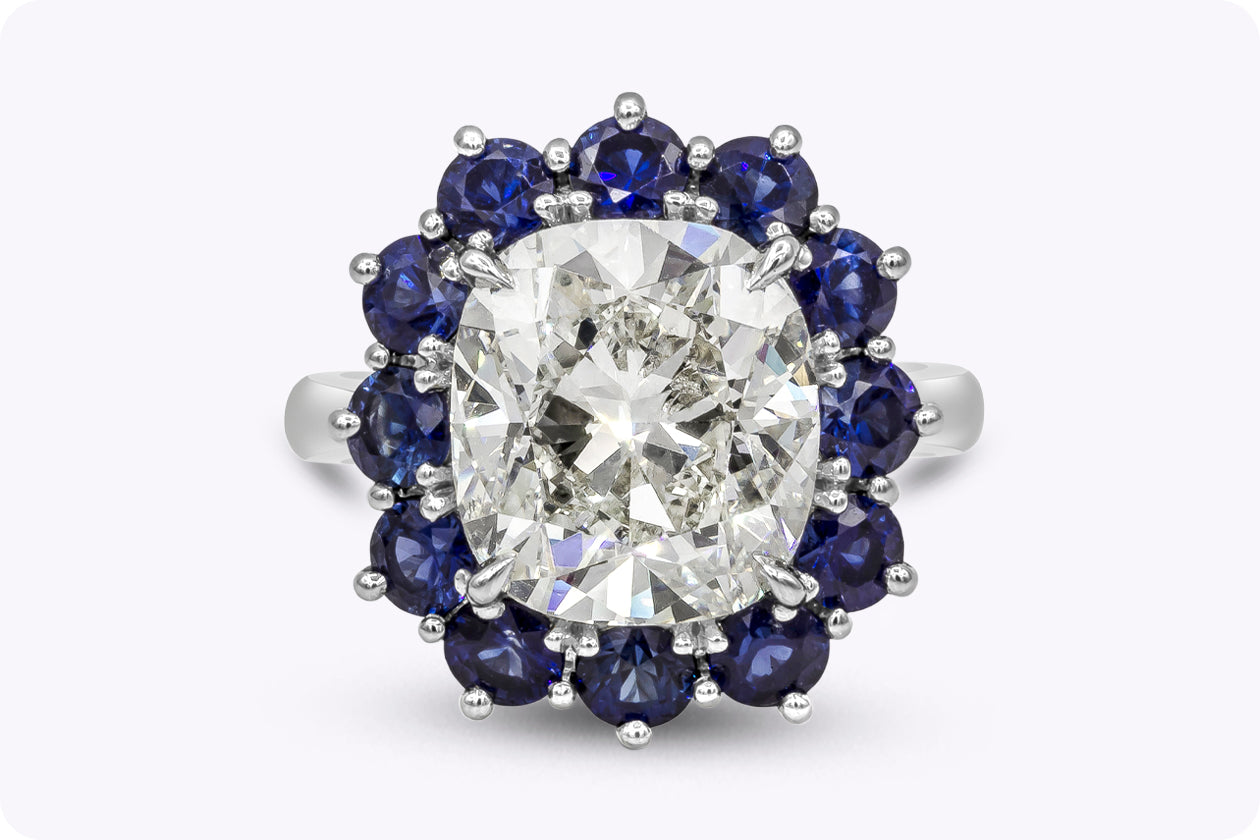 GIA Certified 7.04 Carats Cushion Cut Diamond & Sapphire Halo Engagement Ring in Platinum