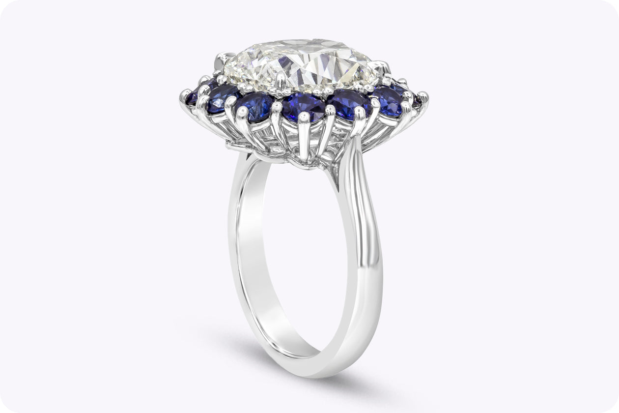 GIA Certified 7.04 Carats Cushion Cut Diamond & Sapphire Halo Engagement Ring in Platinum