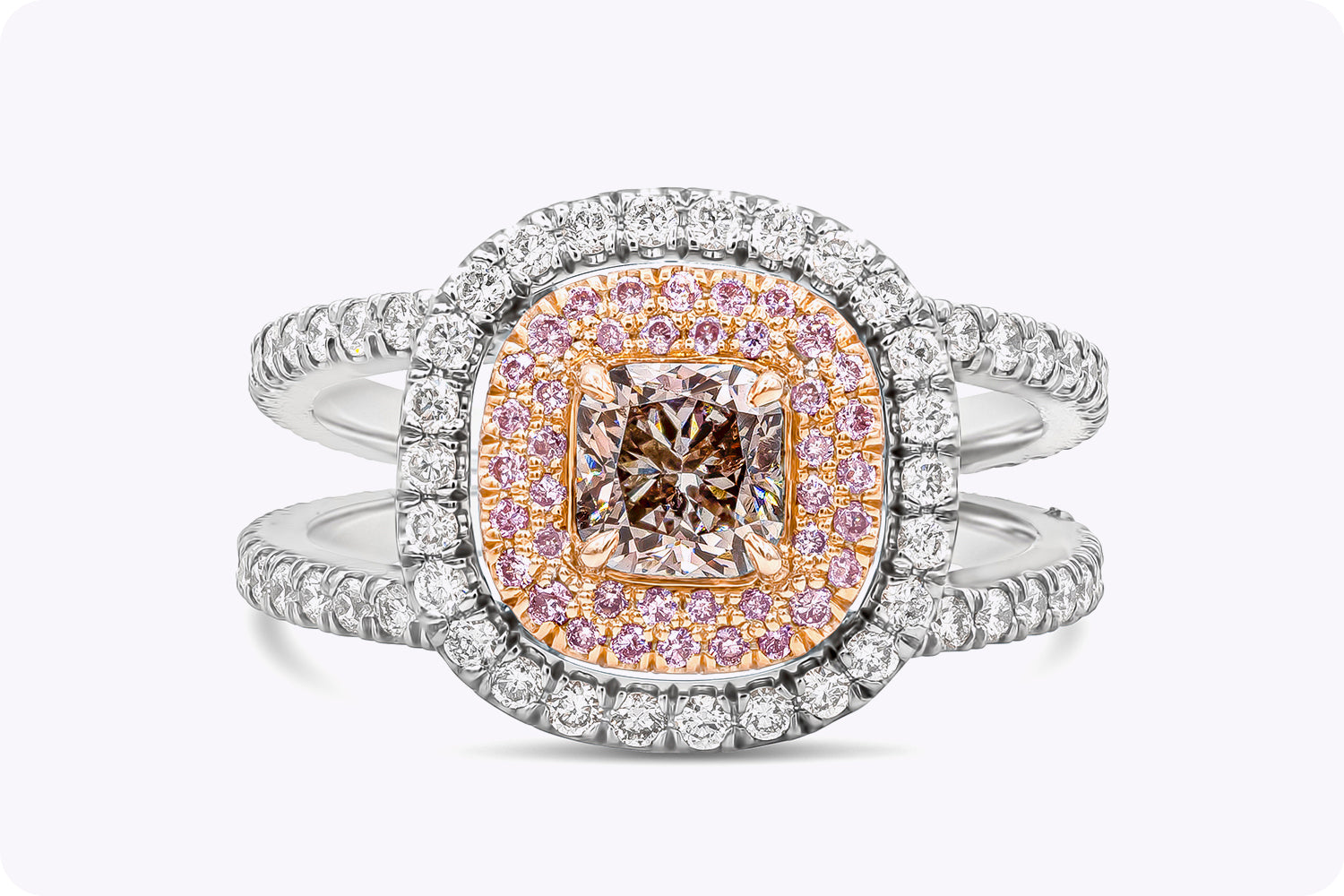 GIA Certified 0.63 Carat Cushion Cut Pink Diamond Triple Halo Engagement Ring in Two-Tone