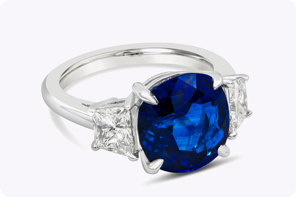 GIA Certified 6.15 Carats Cushion Cut Sri Lankan Sapphire & Diamond Three-Stone Engagement Ring in Platinum