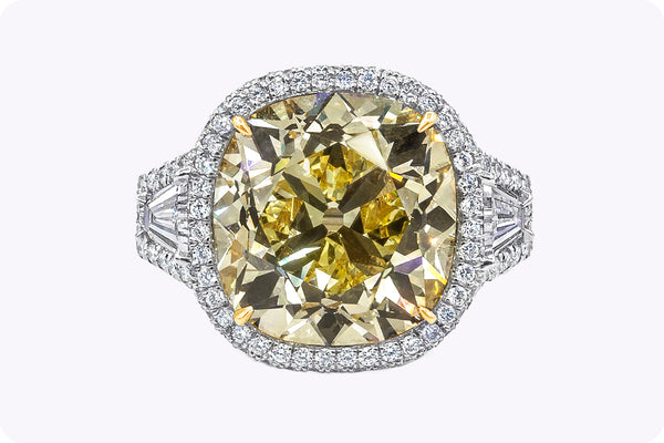 GIA Certified 15.52 Carats Cushion Cut Yellow Diamond Three-Stone Halo Engagement Ring in Platinum