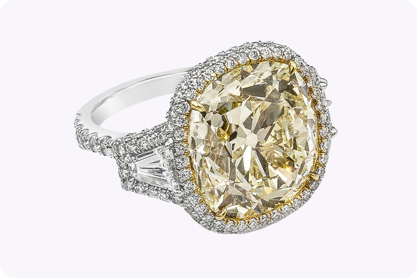 GIA Certified 15.52 Carats Cushion Cut Yellow Diamond Three-Stone Halo Engagement Ring in Platinum