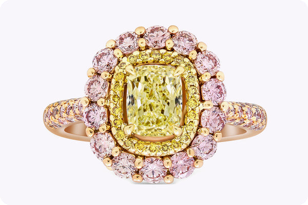 GIA Certified 1.01 Carats Cushion Cut Yellow Diamond Double Halo Engagement Ring in Yellow Gold & Rose Gold